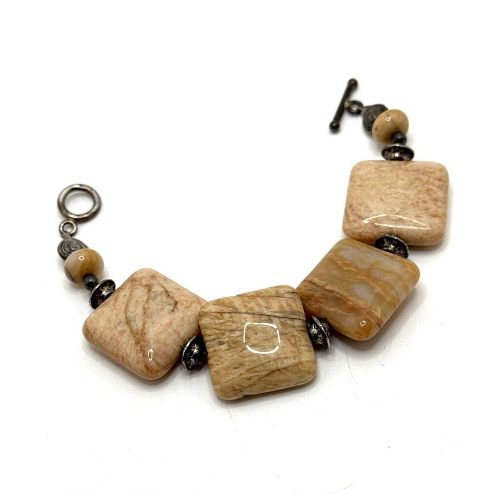 Vintage Picture Jasper Bead Bracelet Silver Filled Toggle 925/10SF 7.25"
